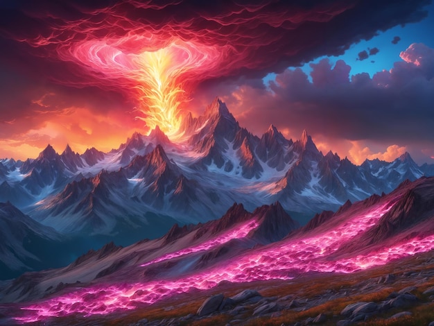 Une scène surréaliste d'une montagne avec un flux de feu rouge vif La chaîne de montagnes est entourée d'un mélange de couleurs bleu violet et orange créant un contraste frappant avec l'objet rouge