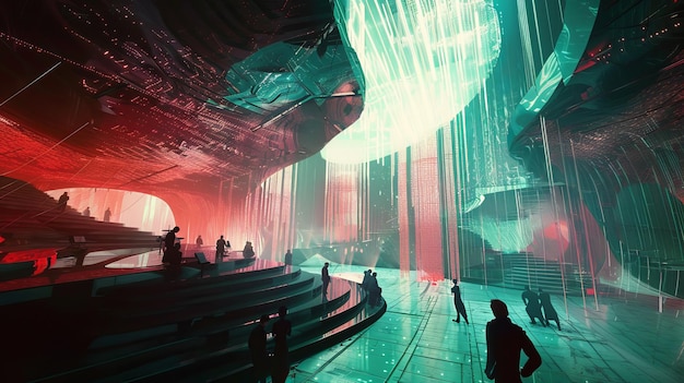 Photo une scène surréaliste d'une salle de concert futuriste avec des musiciens holographiques et des paysages sonores interactifs illustration générée par l'ia