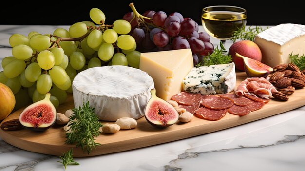 Photo scène de table de charcuterie avec un assortiment de fromages, de viandes et d'apéritifs au-dessus d'une vue sur un mar blanc