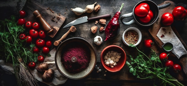 Une scène d'une table avec divers légumes et ustensiles de cuisine