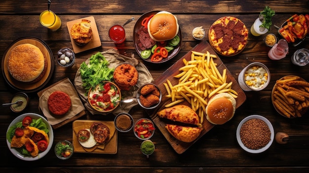 Scène de table ou de livraison d'aliments à emporter assortis Flatlay de restauration rapide