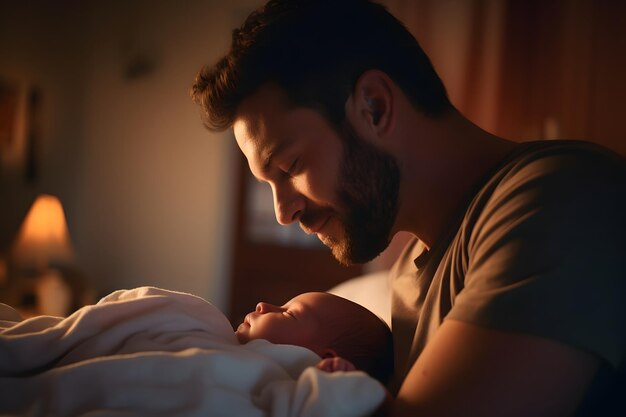 Scène tendre d'un père regardant un bébé nouveau-né endormi à la maison