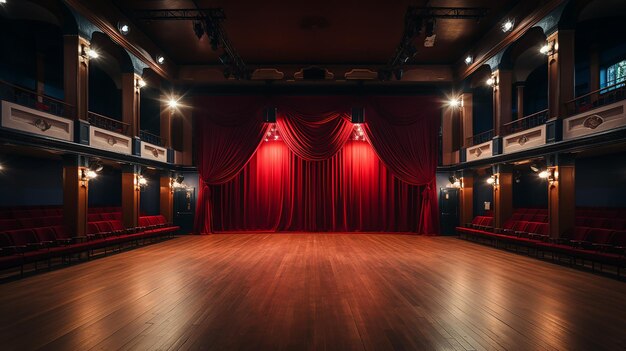 Scène de théâtre avec des chaises de sol en bois à rideau rouge et éclairage AI générative