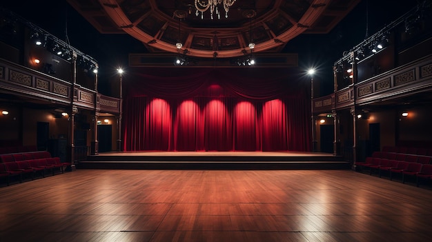 Photo scène de théâtre avec des chaises de sol en bois à rideau rouge et éclairage ai générative