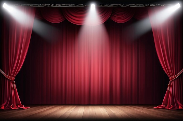 Photo scène de théâtre avec rideau rouge marron avec projecteur arrière-plan de la performance artistique