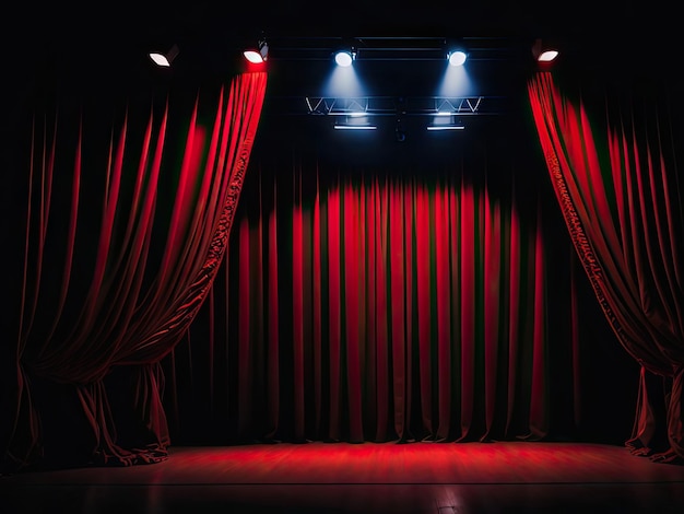 Scène de théâtre avec rideaux rouges et lumière spotlig ai générative