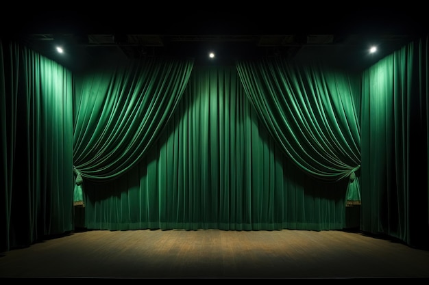 Scène de théâtre vide enveloppée d'élégance avec des rideaux de velours vert et des projecteurs accentués