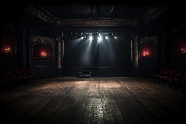 Scène de théâtre vide et sombre avec un seul projecteur créé avec l'AI générative