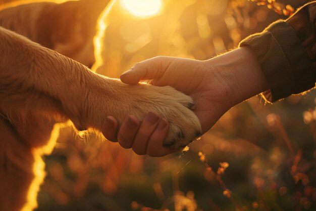 Une scène touchante d'une main humaine et d'une patte de chien unies dans une poignée de main sur un fond éclairé par le soleil