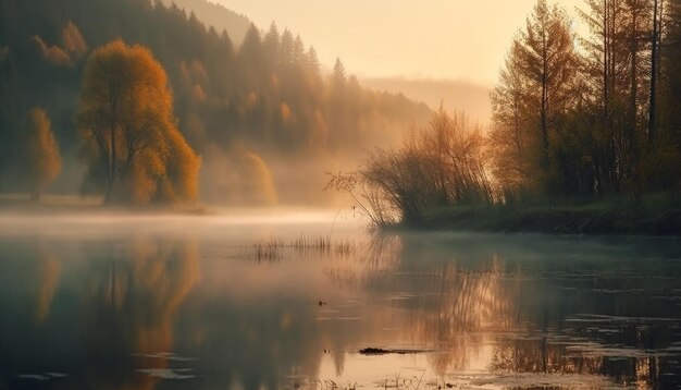 Une scène tranquille d'arbres de brouillard d'automne et de réflexion générée par l'IA