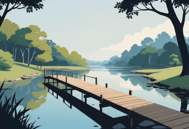 Une scène tranquille au bord de la rivière avec une passerelle en bois