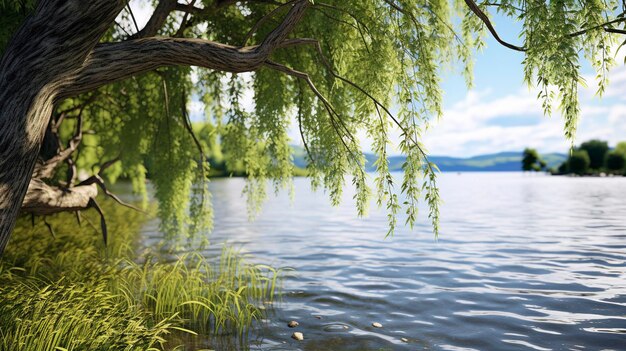 Scène tranquille au bord de la rivière avec des saules surplombantes et une eau calme