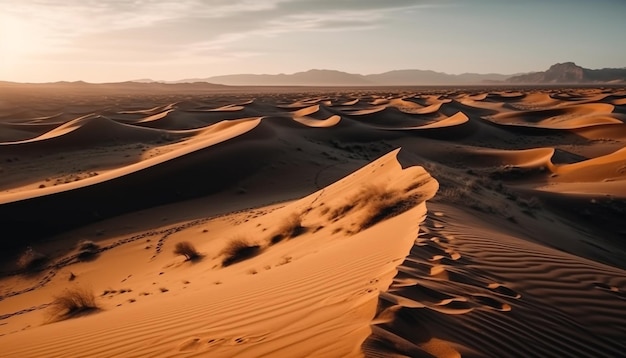 Scène tranquille au coucher du soleil De majestueuses dunes de sable ondulent en Afrique générées par l'IA