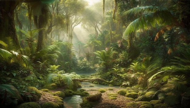 Scène tranquille d'une beauté de forêt tropicale dans un mystère naturel généré par l'intelligence artificielle