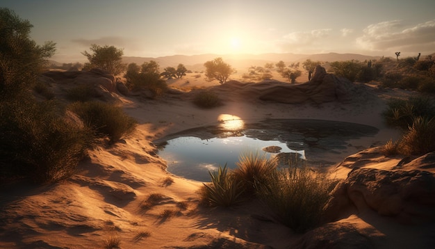 Scène tranquille d'une chaîne de montagnes au coucher du soleil se reflétant dans l'eau générée par l'IA