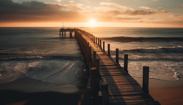 Scène tranquille de coucher de soleil sur la jetée en bois d'eau et le littoral généré par l'IA