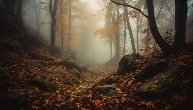 Une scène tranquille dans la région sauvage matin d'automne brumeux généré par l'IA