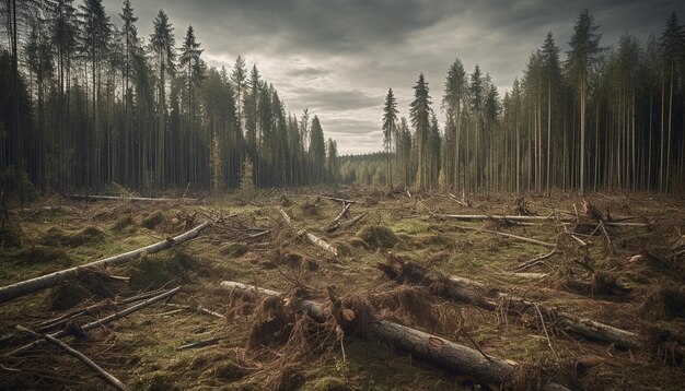 Scène tranquille du paysage forestier avec un arbre tombé et un coucher de soleil généré par l'IA