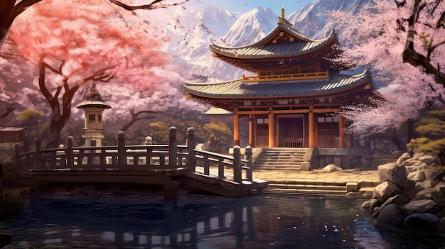 Scène tranquille du temple des fleurs de cerisier