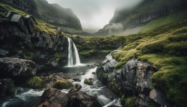 Scène tranquille d'eau qui coule dans la forêt générée par l'IA