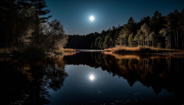 Photo scène tranquille éclairée par la lune se reflétant sur l'étang calme généré par l'intelligence artificielle