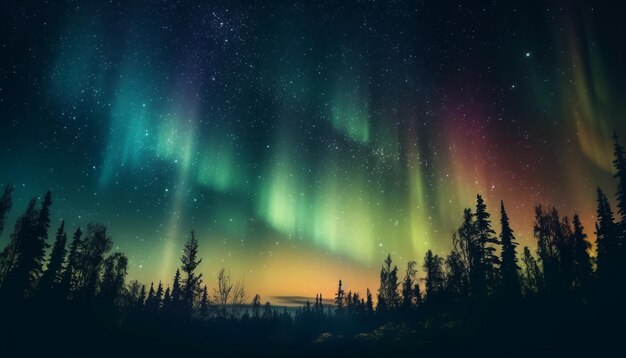 Scène tranquille éclairée par une traînée d'étoiles vibrante dans la forêt d'hiver générée par l'IA