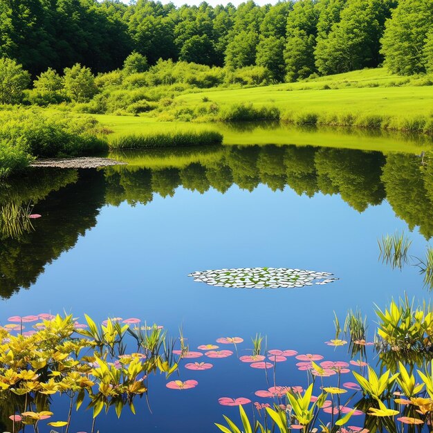 Photo scène tranquille d'une forêt luxuriante reflétant l'eau du lac