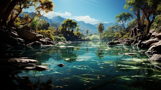 Une scène tranquille d'une jungle lagon aux eaux claires
