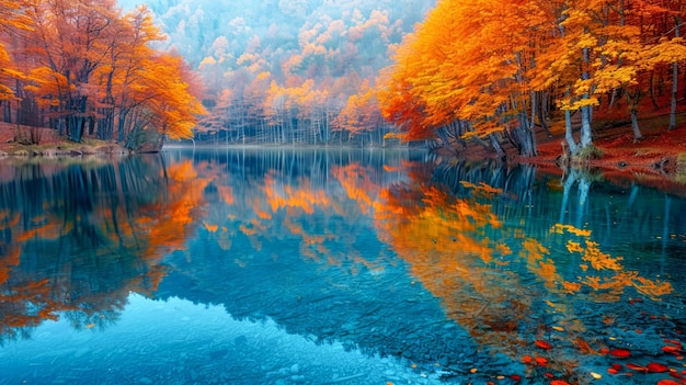 Scène tranquille d'un lac d'automne avec des feuillages d'hiver vibrants et des reflets dans l'eau calme
