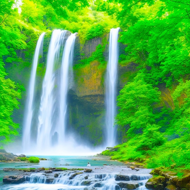 Une scène tranquille de la majestueuse cascade dans la forêt générée par l'IA