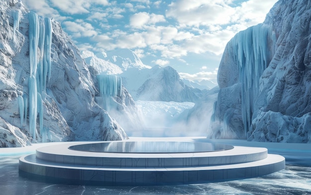 Une scène tranquille mettant en valeur un podium circulaire sur un lac gelé entouré d'icebergs et de montagnes couvertes de neige sous un ciel doucement éclairé
