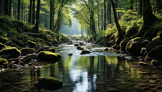 Une scène tranquille où un arbre vert se reflète dans l'eau courante générée par l'IA