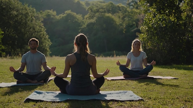 Une scène tranquille en plein air avec des gens qui pratiquent la méditation