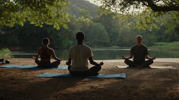 Une scène tranquille en plein air avec des gens qui pratiquent la méditation
