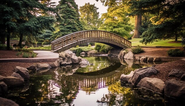 Photo une scène tranquille, un pont artificiel reflète la beauté de l'automne dans la nature générée par l'ia.