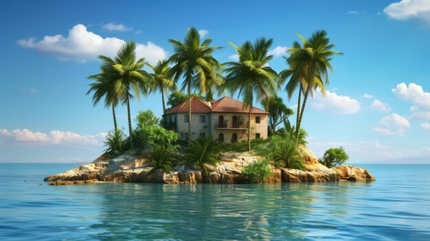 Photo une scène tranquille se déroule avec des palmiers et une maison sur une petite île une évasion côtière sereine