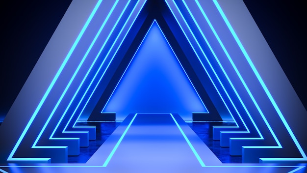 Scène triangle avec blackground néon, sol en béton, lumière bleue, rendu 3d