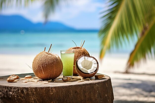 Photo une scène tropicale avec du jus de kiwi servi dans des coquilles de noix de coco sur une plage