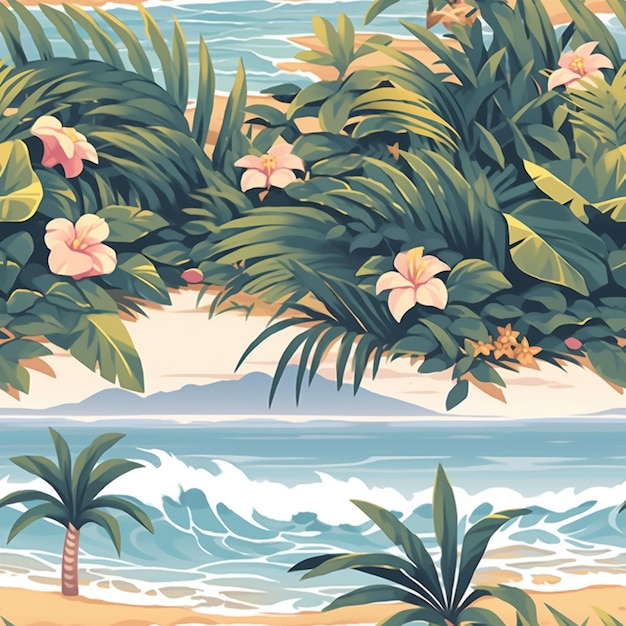 Scène tropicale avec palmiers et fleurs sur la plage ai générative