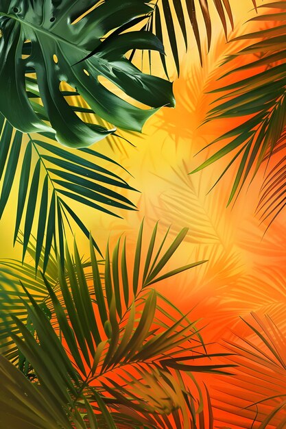 une scène tropicale avec des palmiers et un fond jaune