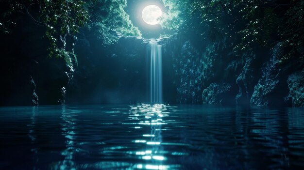Photo une scène tropicale tranquille avec une cascade éclairée par la lune jetant un reflet hypnotisant sur l'obscurité