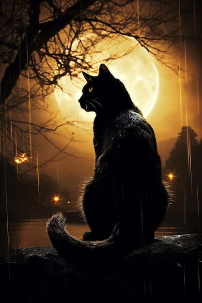 Une scène troublante mettant en scène un mystérieux chat noir aux yeux orange lumineux positionné devant un arbre sans feuilles sous une pleine lune créant une atmosphère effrayante et inquiétante.