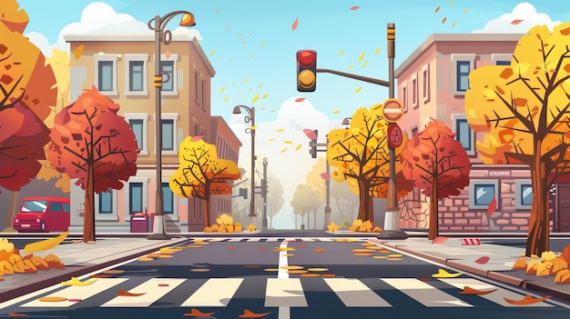 Une scène urbaine d'automne moderne avec des trottoirs et des feux de circulation près d'une route avec des bâtiments de croisement et des arbres avec des feuilles brunes
