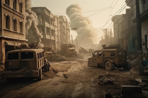 Scène urbaine dramatique d'une rue incendiée à Katmandou La guerre nucléaire affecte une ville avec des soldats et l'armée générée par l'IA