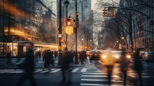 Photo scène urbaine floue les gens traversent la rue tandis que les feux de circulation et les voitures générées par l'ia