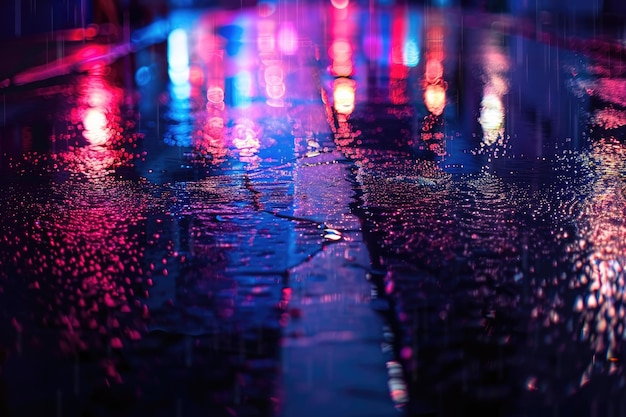 Scène urbaine nocturne avec des reflets au néon sur l'asphalte mouillé