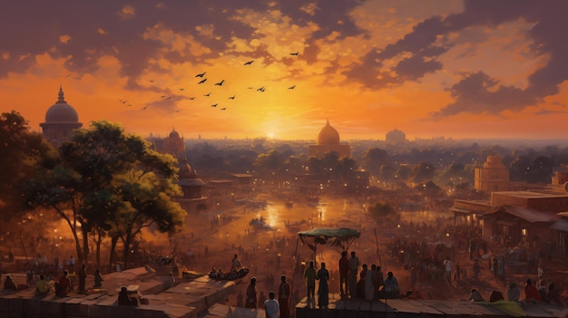 Une scène urbaine sereine de New Delhi célébrant Holi avec le coucher du soleil avec une texture de pinceau Impasto visible