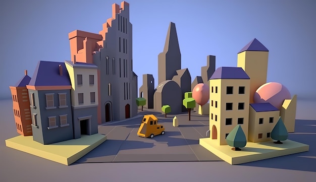 Photo scène urbaine de la ville générative ia générée par l'ia en mode blender 3d style dessin animé pour enfants