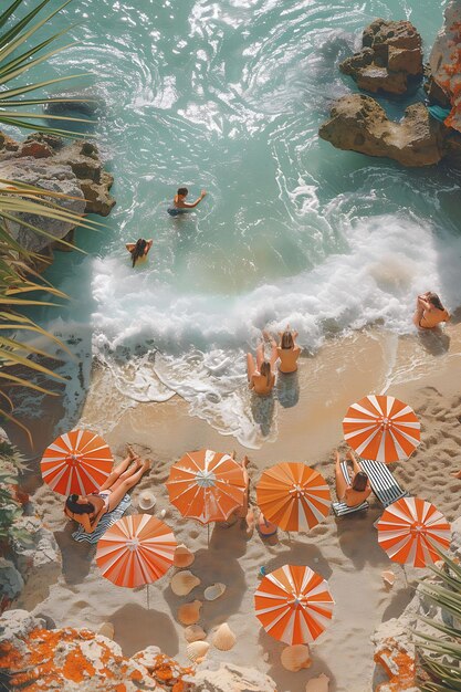 Scène de vacances d'été à la plage avec des gens en train de prendre le soleil et de jouer Festival Arrière-plan Layout Art Decor