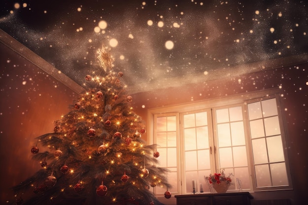 Une scène de vacances festive et chaleureuse avec un arbre joliment décoré et des étoiles brillantes au plafond